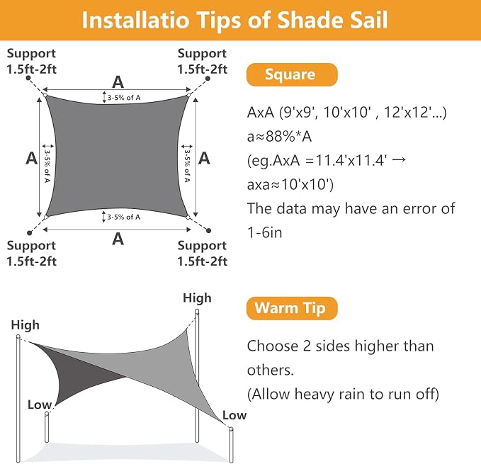 12' x 12' Rectangle Sun Shade Sail, 185 GSM HDPE, Sand | 95% UV block, - Image 4