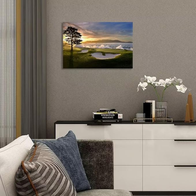 chenchenArt Pebble Beach Golf Course Wall Art Pictures Golf Course Poster Canvas Prints Golf Artwork Wall Decor for Living Room Bedroom Bathroom Home Decorations Framed Ready to Hang(24''H x 36''W)