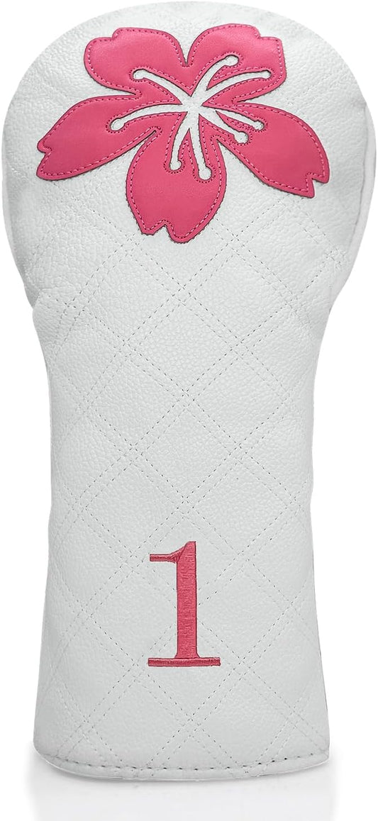Grid Cherry Blossom Design Golf Covers PU Headcovers Set Fits Driver Fairway Wood Hybrid Utility Woods Iron Wedge Headcover, Premium Leather Golf Headcovers