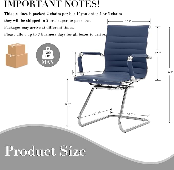 CIMOTA Waiting Room Chairs Leather Office Guest Chair Mid Back Reception Chairs with Sled Base for Meeting/Patient/Conference Room, Navy Set of 6