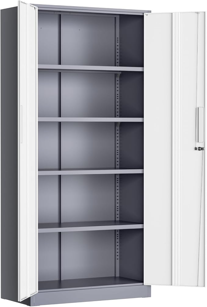 Metal Lockable Storage Cabinet, 72” Storage Cabinet with 2 Doors and 4 Adjustable Shelves for Office, Home, Garage, Pantry (Assembly Required, Grey White)