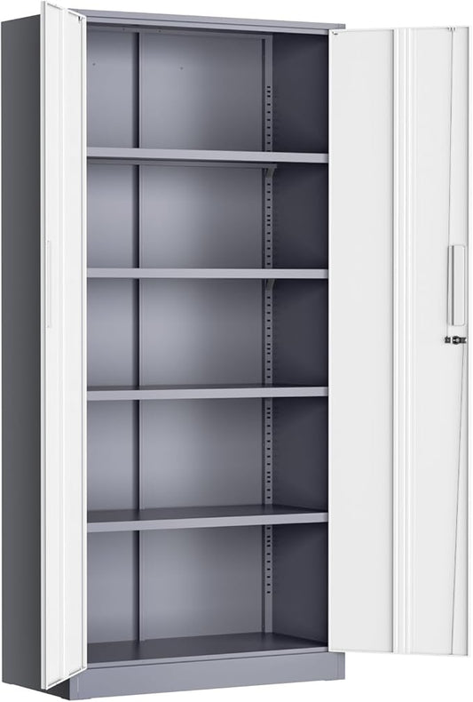 Metal Lockable Storage Cabinet, 72” Storage Cabinet with 2 Doors and 4 Adjustable Shelves for Office, Home, Garage, Pantry (Assembly Required, Grey White)