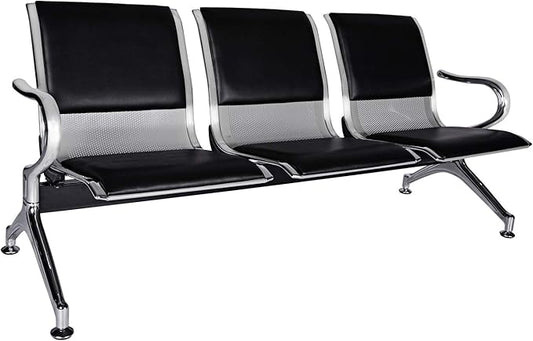 Waiting Room Chairs Guest Reception - 3-Seat Waiting Room Bench with Arms Airport Reception Bench Guest Reception Chairs PU Leather Office Chair for Airport Market Bank Hospital School, Black