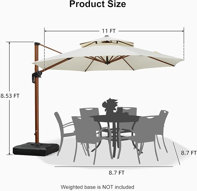 PURPLE LEAF Patio Umbrella 11ft Double Top Wood-Grain Finish, Cream | Braced - Image 9