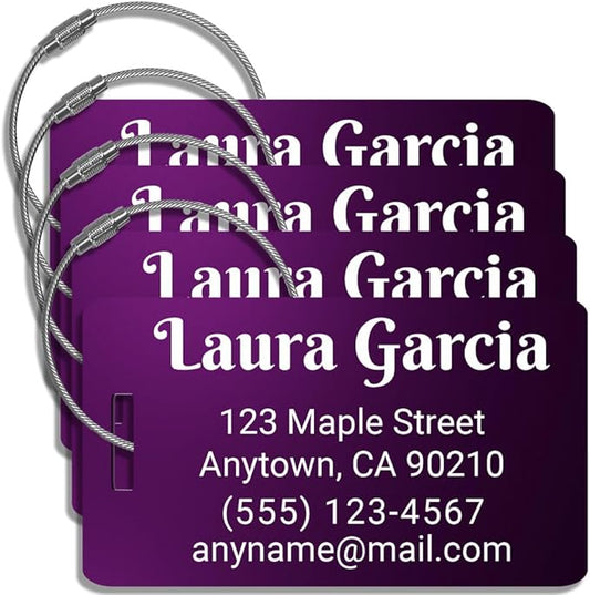 Personalized Luggage Tags for Suitcases 4 Pack – Custom Metal Name Tag for Travel, Golf Bag, and Baggage – Durable Aluminum Luggage Name Tags (Purple, Horizontal)