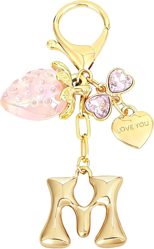 Snycler Bubble Initial Keychain with Strawberry & Bow- Gold Letter Bag Charms for Women, Cute Purse Handbag Accessories