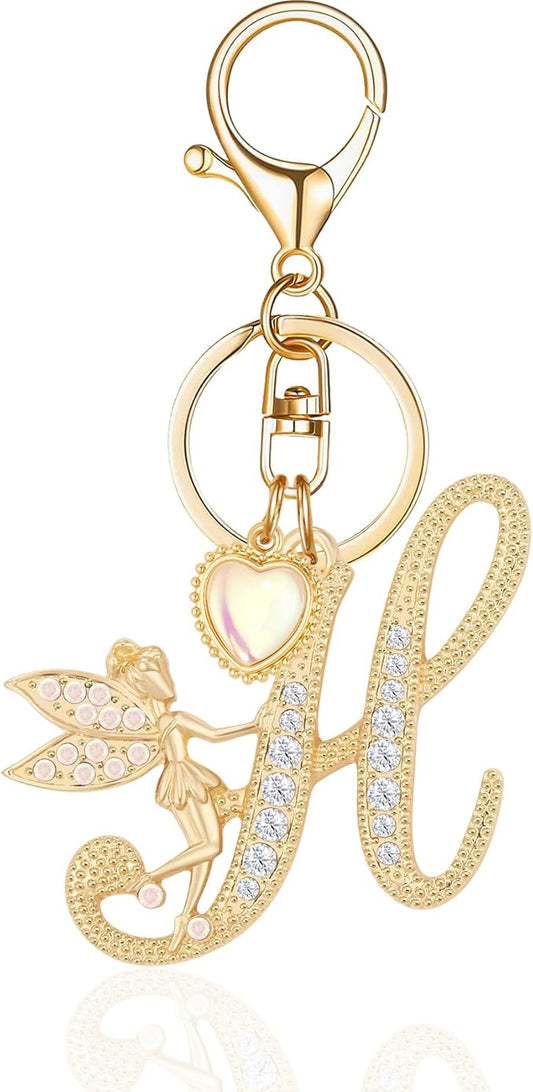 Gold Plated Alphabet Initial Letter Keyring Keychain for Women Girls Crystal Key Chains for Wallet Backpack Bag Charm