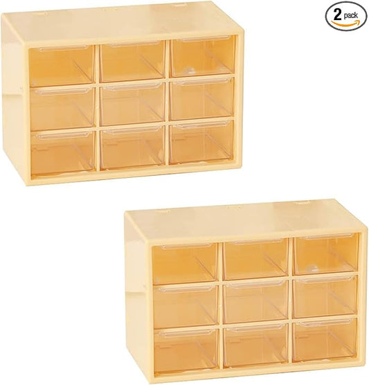 Feadily 2PCS Small Drawer Organizer for Desk, Desktop Drawer Organizer with 9 Clear Drawers, Plastic Desktop Storage Drawers 7.1 Inch x 3 .9 Inch x 4.7 Inch, Yellow