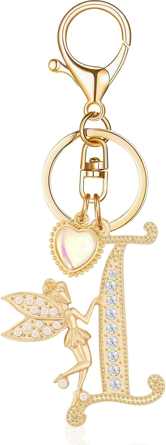 Gold Plated Alphabet Initial Letter Keyring Keychain for Women Girls Crystal Key Chains for Wallet Backpack Bag Charm