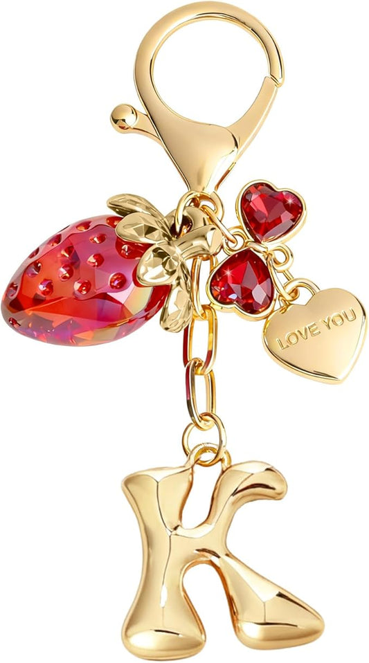 Snycler Bubble Initial Keychain with Strawberry & Bow- Gold Letter Bag Charms for Women, Cute Purse Handbag Accessories