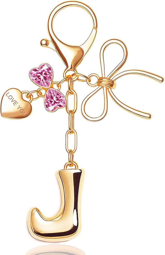 Gold Bubble Initial Keychain with Bow Decoration Bag Charms for Women, Cute Purse Handbag Accessories Gift