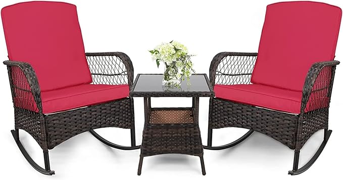 3 pcs Rocking Bistro Set Conversation Chairs PE Wicker Outdoor Rocking Chairs & by Enjoyyourlife