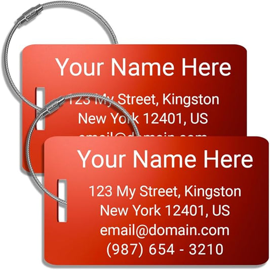 Personalized Metal Luggage Tags for Suitcases - International Travel Must Haves - Pack of 2 (Red, 2x3.5)
