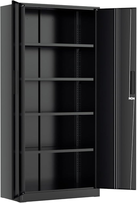 Greenvelly Metal Lockable Storage Cabinet, 72”Black Locked Storage Cabinet with 2 Doors and 4 Adjustable Shelves for Office, Home, Garage, Pantry (Assembly Required, 16”D)