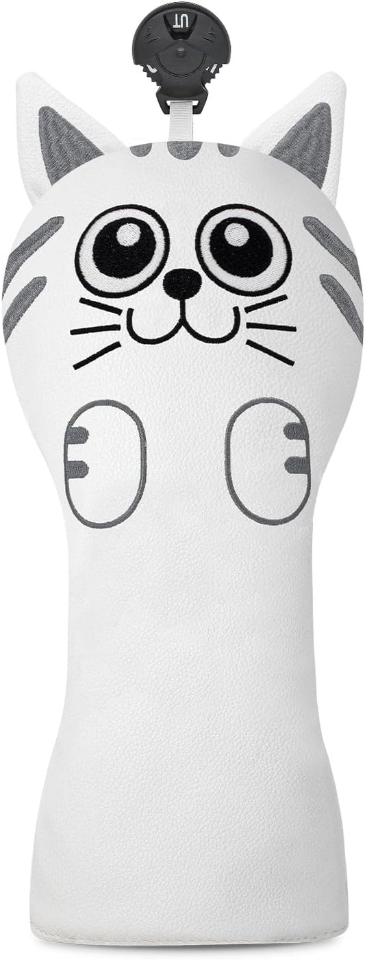 Golf Kitty Head Cover Golf Club White Leather Headcovers 1pc/4pcs Set Fits Driver Fairway Wood Hybrid Utility Putter Iron Wedge Headcover.