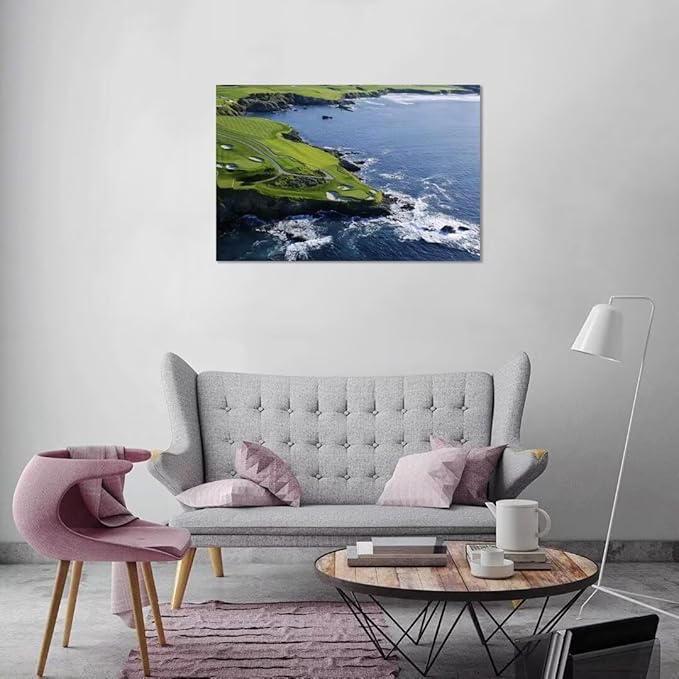 Pebble Beach Golf Course Canvas Wall Art for Living Room Bedroom Bathrooom Home Decorations California Coastal Golf Course Picture Poster Framed Artwork Ready to Hang(18''H x 24''W)