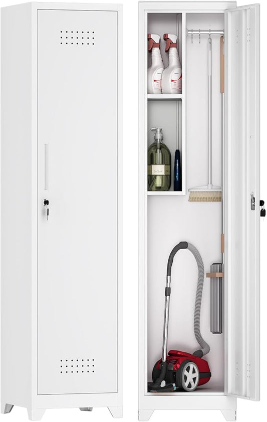 GREATMEET Broom Closet Storage Cabinet, Metal Utility Cabinet, Tall Laundry Room Cabinet, Slim Storage Cabinets for Laundry, Living Room, Office, White