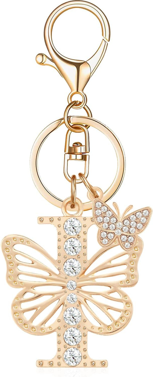 Gold Plated Alphabet Initial Letter Keyring Keychain for Women Girls Crystal Key Chains for Wallet Backpack Bag Charm