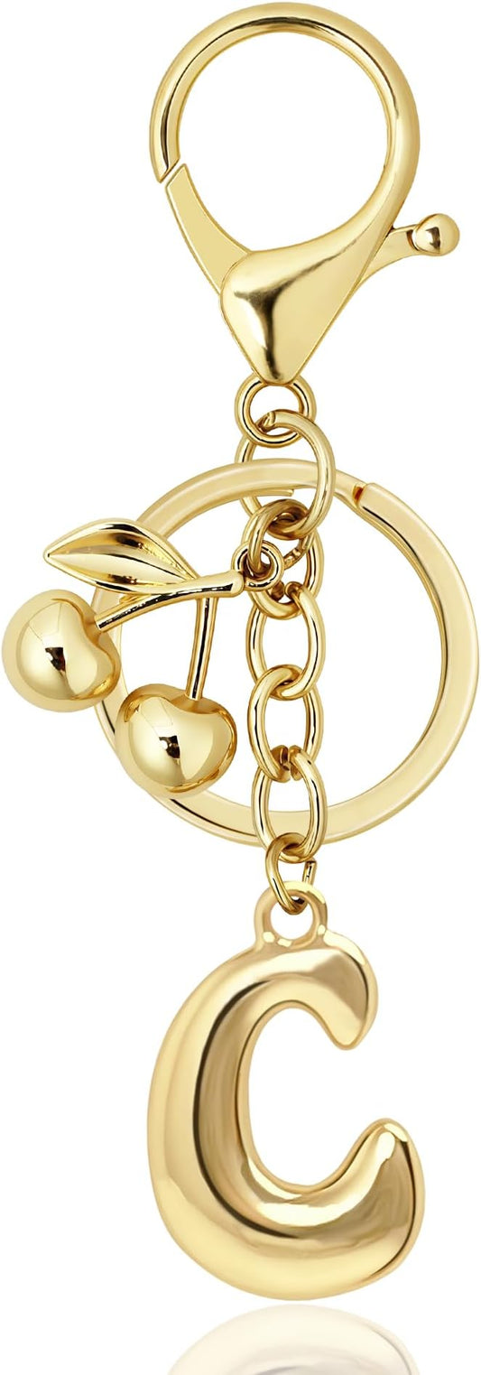 Gold Bubble Heart, Cherry, Bow & More Designs Letter Initial Keychain Bag Charms – Cute Purse Charms for Handbags