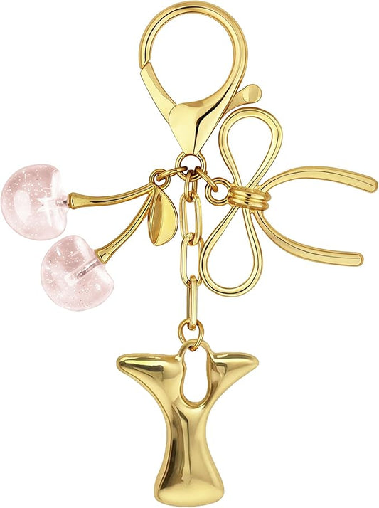Gold Bubble Heart, Cherry, Bow & More Designs Letter Initial Keychain Bag Charms – Cute Purse Charms for Handbags