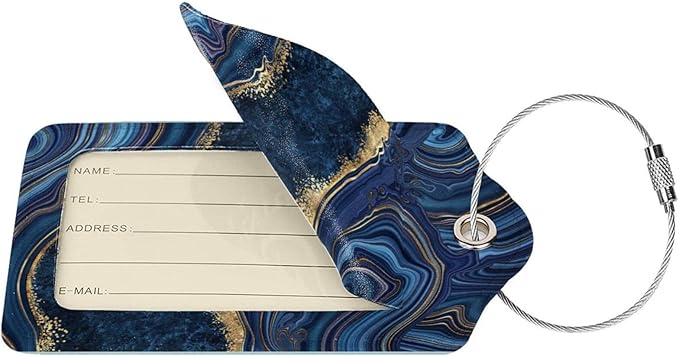 2PC Dark Blue Marble Luggage Tags Leather Suitcase Tag Privacy Name ID Card Quick to Find Out Travel Bag Labels with Stainless Steel Loop for Women Men Chilren Set of 2