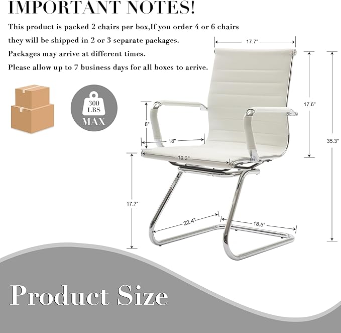 CIMOTA Waiting Room Chairs Leather Office Guest Chair Mid Back Reception Chairs with Sled Base for Meeting/Patient/Conference Room, White Set of 6