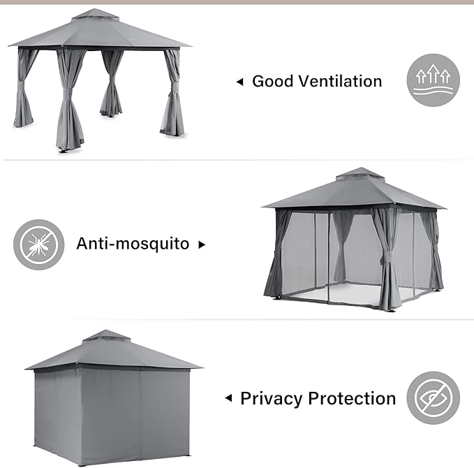 10'x10' Outdoor Gazebo with 50FT String Lights, Metal Heavy Duty Patio Canopy - Image 3
