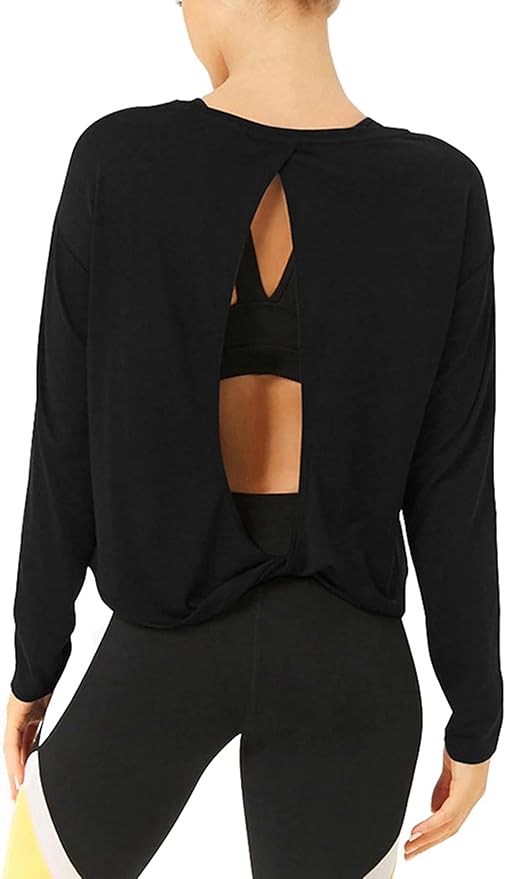 Bestisun Long Sleeve Workout Shirts Yoga Dance Tops Open Back Athletic Clothes for Women