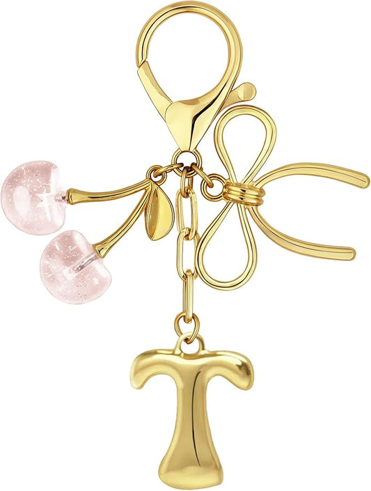 Gold Bubble Heart, Cherry, Bow & More Designs Letter Initial Keychain Bag Charms – Cute Purse Charms for Handbags