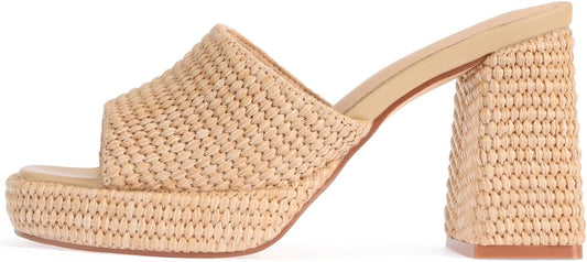 Monrovia Womens Sandals Heels for Women Slide On Block Chunky Platform High Heels Open Toe Raffia Wedge Sandals