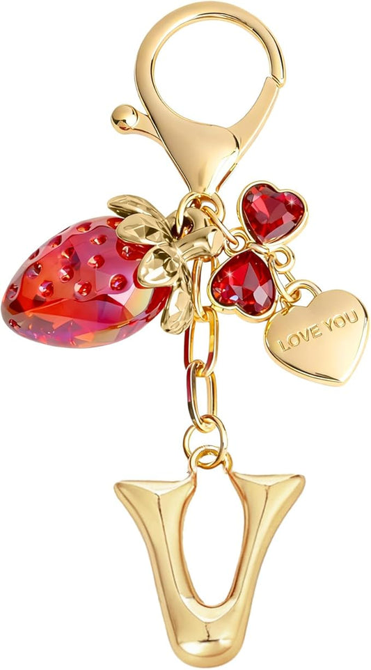 Snycler Bubble Initial Keychain with Strawberry & Bow- Gold Letter Bag Charms for Women, Cute Purse Handbag Accessories