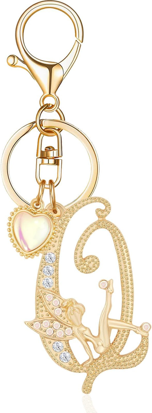 Gold Plated Alphabet Initial Letter Keyring Keychain for Women Girls Crystal Key Chains for Wallet Backpack Bag Charm