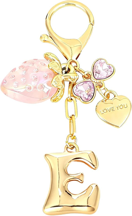 Snycler Bubble Initial Keychain with Strawberry & Bow- Gold Letter Bag Charms for Women, Cute Purse Handbag Accessories