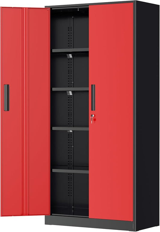 Greenvelly Metal Garage Storage Cabinet with Lock, 72" Metal Storage Cabinet with 2Doors and 4Adjustable Shelves, for Home Office, School,Gym (Black&Red)