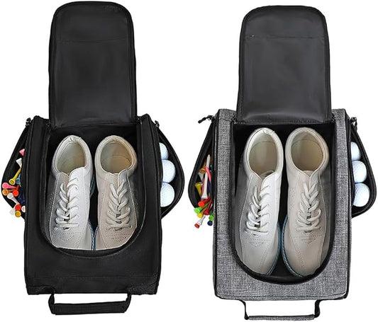 Goloni 2Pcs Golf Shoe Bag for Men & Women, Padded Travel Shoe Bag with Side Accessory Pockets,Sport Shoe Carrier for Golf Shoes,Socks,Tees & Balls,Durable & Lightweight Design(Black+Gray)