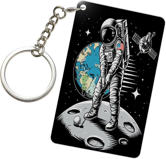 Astronaut Playing Golf Keychains Rectangular Acrylic Keychain Daily Key Ring Car Key Fob Holder 2X3 Inch