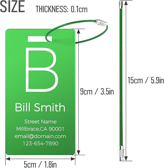 Personalized Metal Luggage Tags, Custom Suitcase Aluminum Name Tags with 5.9in Steel Ring, Laser Engraved Text and Logo, for Travel Gift, Baggage, Golf Bag (Green)