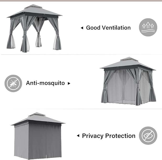 8'x8' Outdoor Gazebo with 50FT String Lights, Metal Heavy Duty Patio Canopy - Image 3