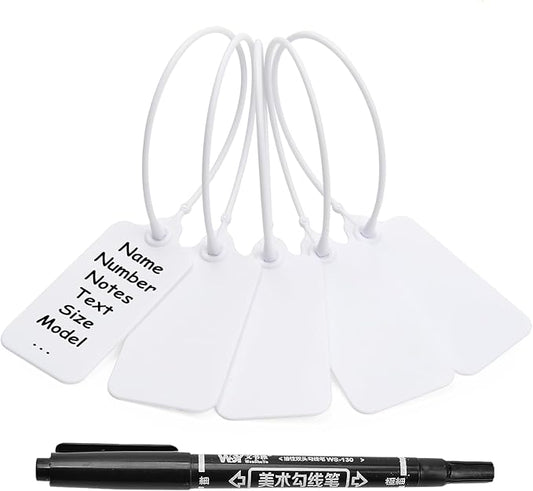 100 White Blank Plastic Tags for Labeling Waterproof Hanging Labels Writable Tags Seal Plastic Marking Label for Clothes Bags Keys Inventory with One Marker Pen