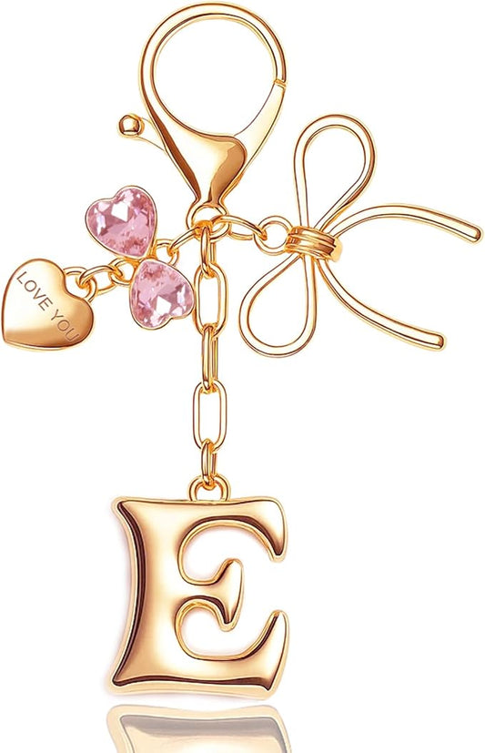 Gold Bubble Initial Keychain with Bow Decoration Bag Charms for Women, Cute Purse Handbag Accessories Gift