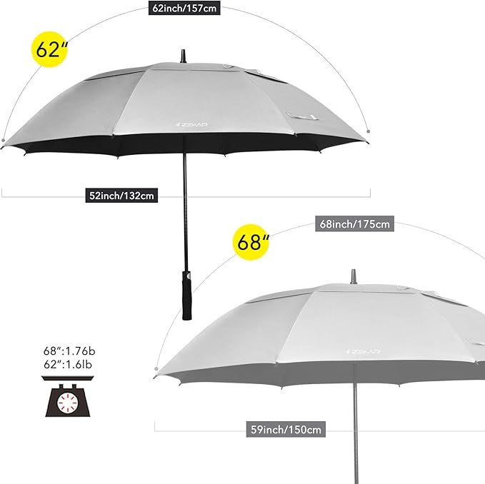 ZEKAR 62" & 68" Windproof Large Vented Canopy Golf Umbrella, UPF 50+ Patio Umbrella | Sun UV Protection | Keep You Cool (Silver, 62"-Pack-of-2)