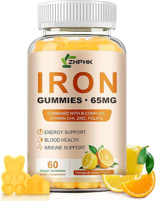 Iron Supplement Gummies, 65mg Iron and 250mg Vitamin C for Women Men Kids, Natural Vegan with Vitamin A, B-Complex, Biotin, Zinc & Folate Energy Support & Immune Health, 60 Count