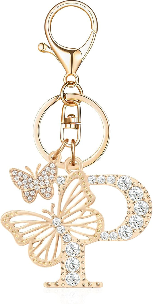 Gold Plated Alphabet Initial Letter Keyring Keychain for Women Girls Crystal Key Chains for Wallet Backpack Bag Charm