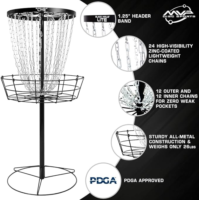 MVP Disc Sports Black Hole Lite 24-Chain Disc Golf Basket with Transit Bag