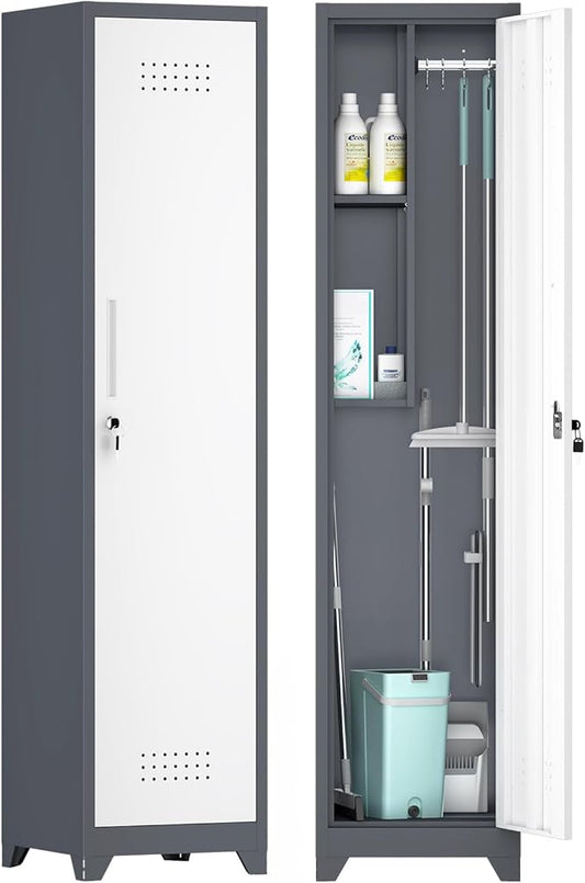 GREATMEET Slim Locking Metal Garage Storage Cabinet, 65" Lockable Utility Closet, Tall Steel Narrow Broom Closet Storage Cabinets with Door and Shelves for Laundry Room, Bathroom, White & Grey