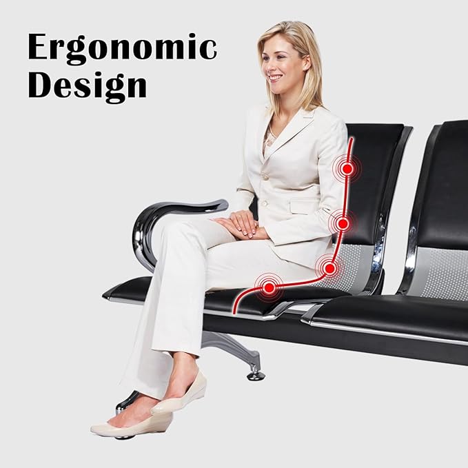 kinbor Waiting Room Chairs - Durable PU Leather Reception Bench with Armrests, 5-Seat Office Reception Guest Chairs for Office, Hospital, Airport, Bank & Lobby, Black