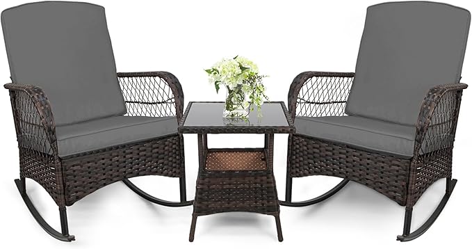 3 pcs Rocking Bistro Set Conversation Chairs PE Wicker Outdoor Rocking Chairs & by Enjoyyourlife