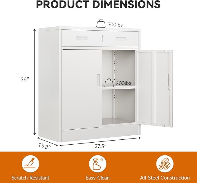 BESFUR 36" H Metal Cabinet with Lockable Drawer and 2 Lockable Doors, White Locking Cabinet with Adjustable Shelf, Lockable Storage Cabinet for Home Office, Garage,School, Warehouse, Utility Room