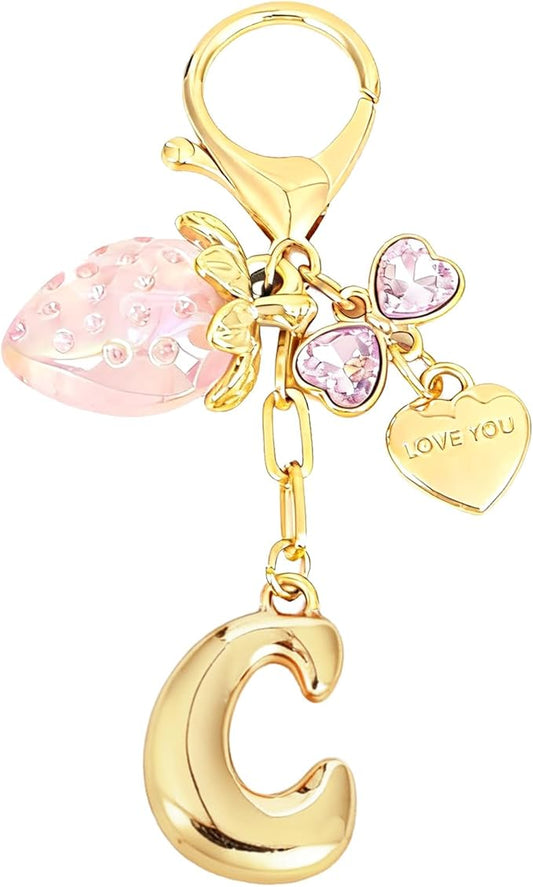 Snycler Bubble Initial Keychain with Strawberry & Bow- Gold Letter Bag Charms for Women, Cute Purse Handbag Accessories