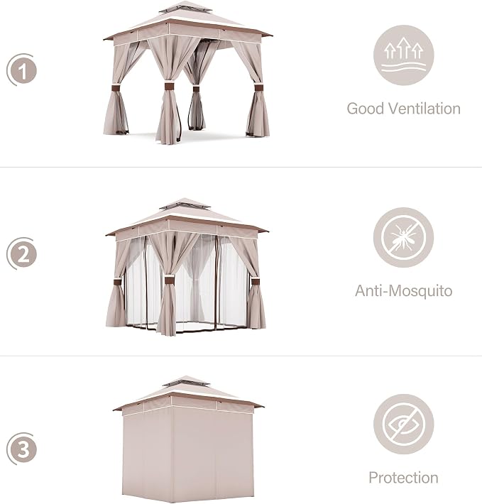 8'x8' Outdoor Gazebo with 50FT String Lights, Metal Heavy Duty Patio Canopy - Image 3